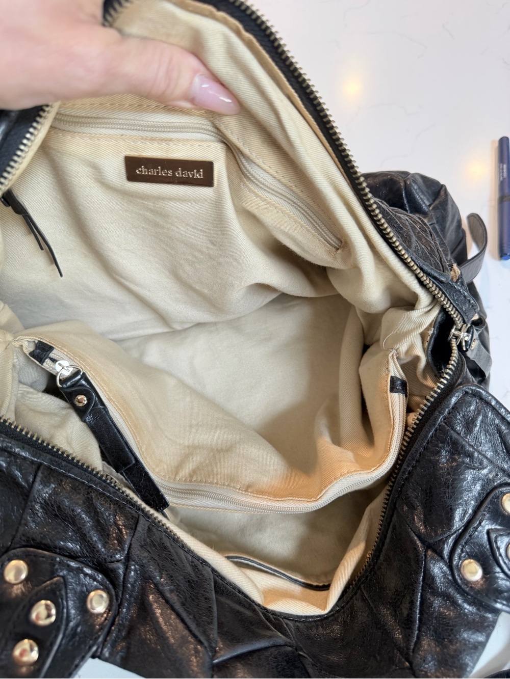 Vintage Charles David Quilted Patchwork Leather Satchel in Black - Picture 9 of 11